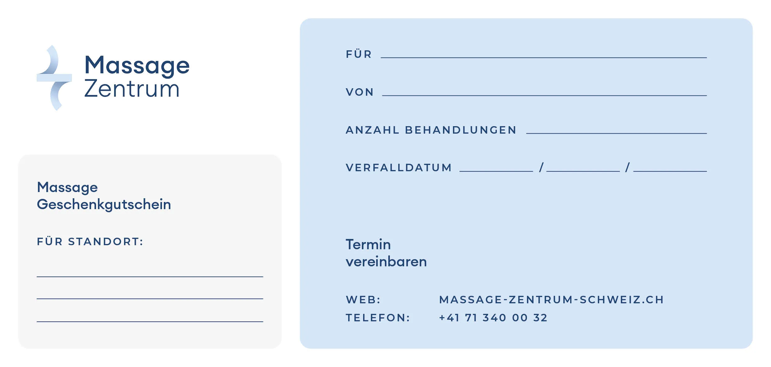 Massage-Gutschein Innenseite mit Feldern für Name, Standort und Anzahl Behandlungen