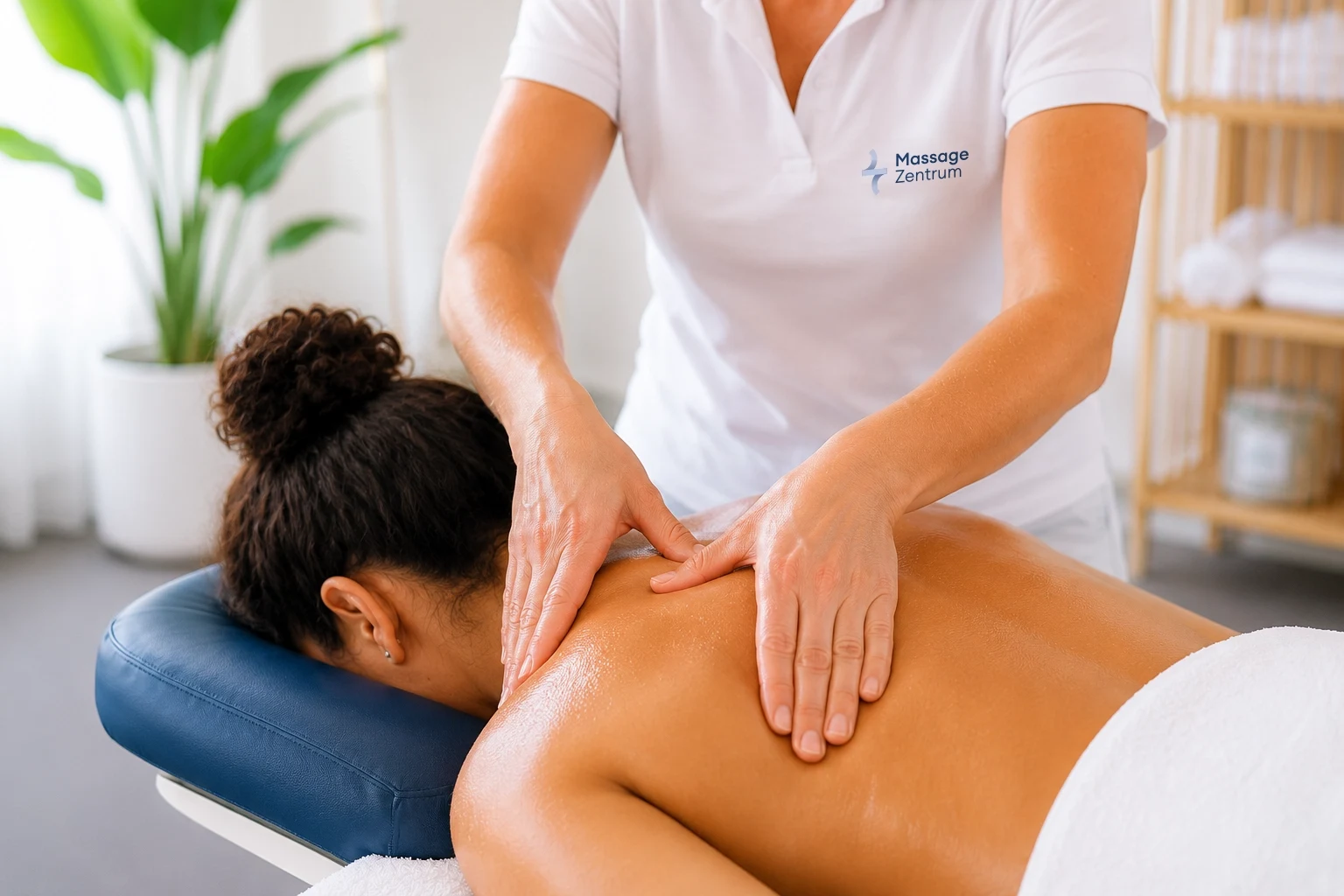 Klassische Massage: entspannende Rückenmassage mit Massageöl in ruhiger Praxis