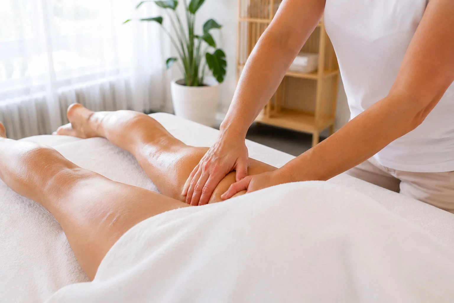 Manuelle Lymphdrainage: sanfte, kreisende Griffe am Bein zur Entstauung