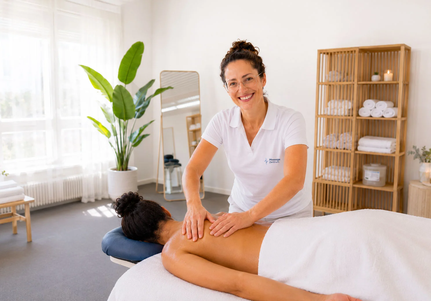 Ausgebildete Therapeutin des Massage Zentrum bei einer Massage in heller Praxis